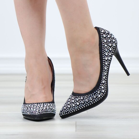Sparkly Diamond Rhinestone Glitter  Black Pointy Toe Needle High Heel Stiletto - Picture 9 of 15